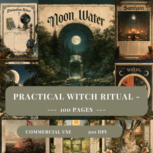 May include: A collection of digital pages titled Practical Witch Ritual featuring 100 pages for commercial use at 300 DPI. The designs include illustrations of moon water, divination notes, Samhain, the wheel of the year, and a rabbit.