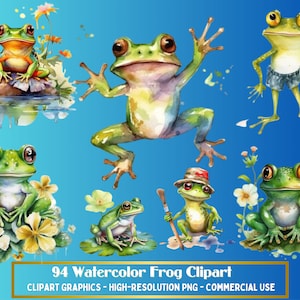 94 Clipart grenouille aquarelle, grenouille PNG, clipart grenouille, art grenouille, grenouille, numérique, animal, haute résolution, téléchargement immédiat
