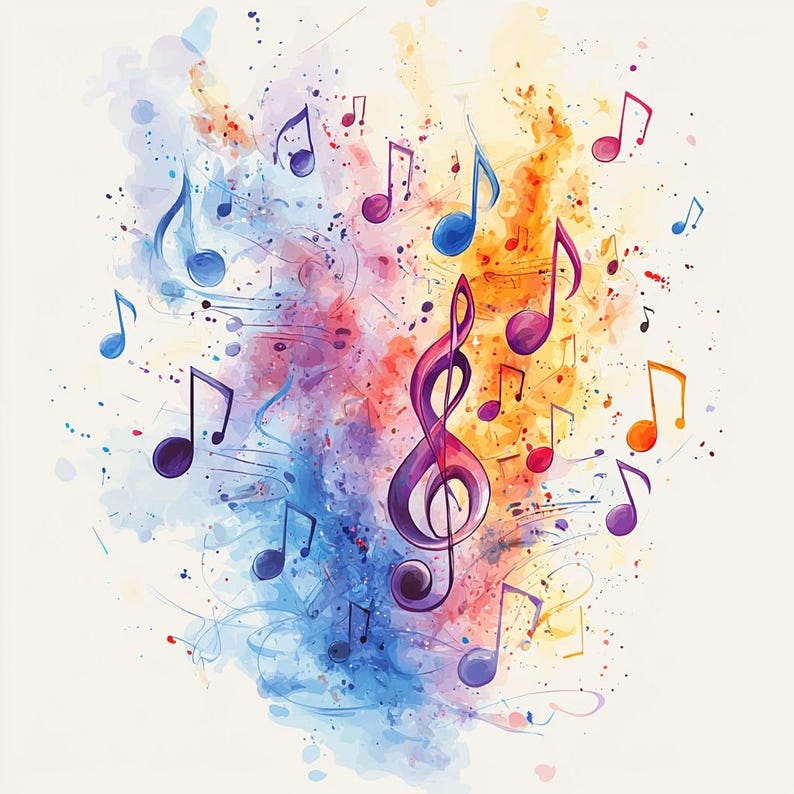 May include: A watercolor painting of a treble clef surrounded by musical notes in various colors, including blue, purple, pink, orange, and yellow. The background is a watercolor wash of blue, purple, and orange.