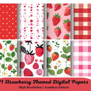 71 Strawberry Themed Digital Papers, Seamless Commercial Use Instant Download Strawberries Themed Digital Paper, Strawberry Digital Papers