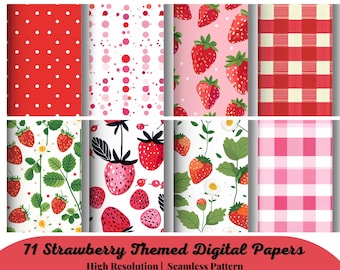 71 Strawberry Themed Digital Papers, Seamless Commercial Use Instant Download Strawberries Themed Digital Paper, Strawberry Digital Papers