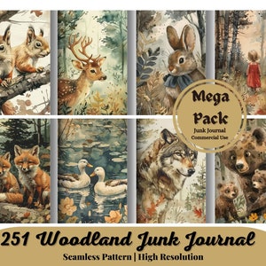 251 Woodland Junk Journal Kit Download digitale Scrapbook Carta Foresta Fata Collage Fogli Volpe Orso Cervo Effimere Sfondi stampabili JPG