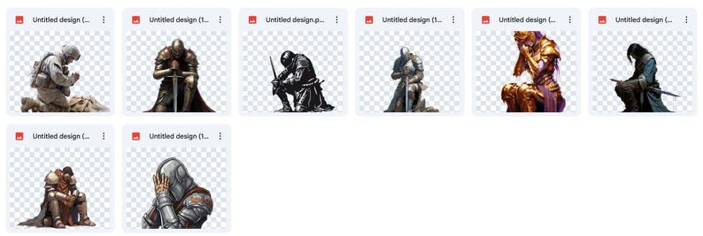 May include: A collection of digital illustrations featuring various characters in a kneeling pose, each with a different style and color scheme. The characters are depicted in a somber or contemplative mood.