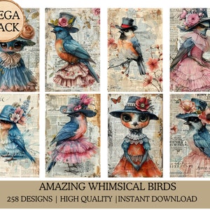 Mega Pack 258 pájaros asombrosos, papel de diario, pájaros caprichosos, páginas de diario basura, papel imprimible, diario basura, descarga instantánea, alta calidad