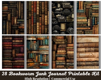 28 Bookworm Junk Journal, Printable Collage, Vintage Library, Digital Download, Author Scrapbook Papers, Dark Academia Novel, Grunge Antique