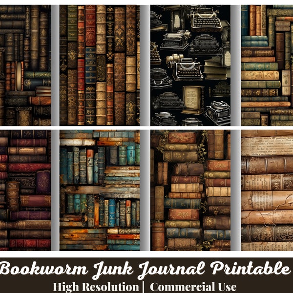 28 Bookworm Junk Journal, Printable Collage, Vintage Library, Digital Download, Author Scrapbook Papers, Dark Academia Novel, Grunge Antique