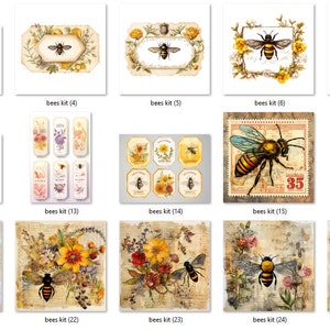May include: A collection of vintage-style bee-themed digital art prints and tags. The images feature detailed illustrations of bees, flowers, and botanical elements in various arrangements, with a warm, aged aesthetic.