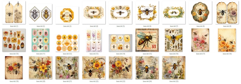 May include: A collection of vintage-style bee-themed digital art prints and tags. The images feature detailed illustrations of bees, flowers, and botanical elements in various arrangements, with a warm, aged aesthetic.
