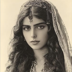 May include: A black and white portrait of a woman with long, curly hair wearing a beaded headpiece and a veil. She is looking directly at the camera with a serious expression.