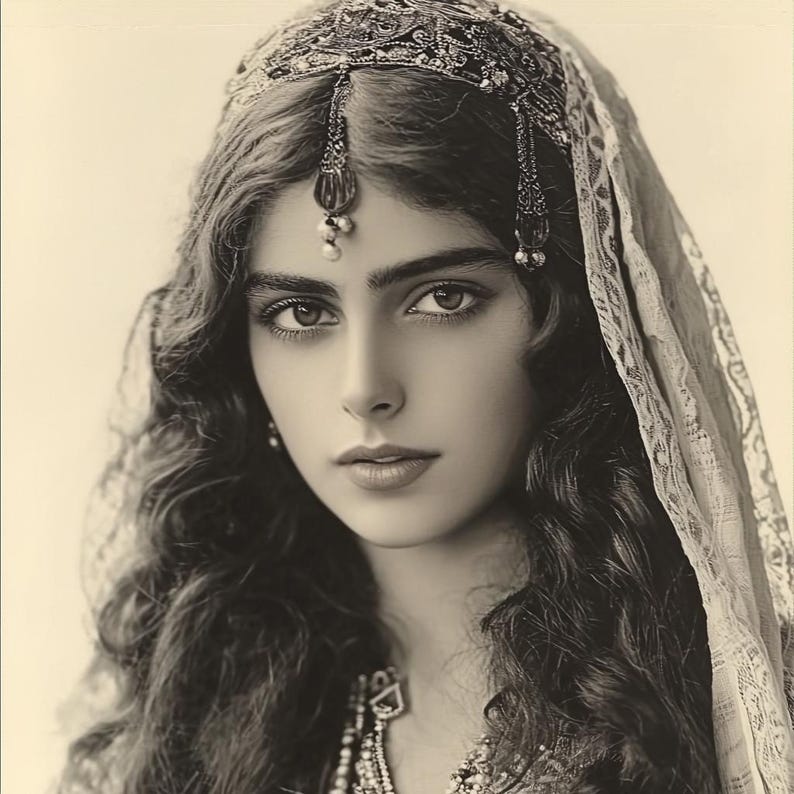 May include: A black and white portrait of a woman with long, curly hair wearing a beaded headpiece and a veil. She is looking directly at the camera with a serious expression.