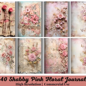 40 Shabby Pink Floral Journal, Junk Journal, Pages, Shabby, Pink, Floral, Papers, Kit, Lined, Roses, Flowers, Printable, Digital Download