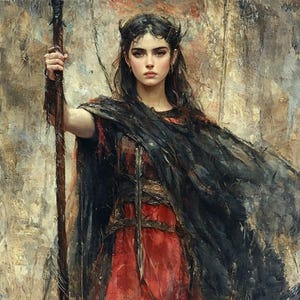 May include: A woman with dark hair and horns wears a red and black dress and holds a staff. She has a serious expression on her face.