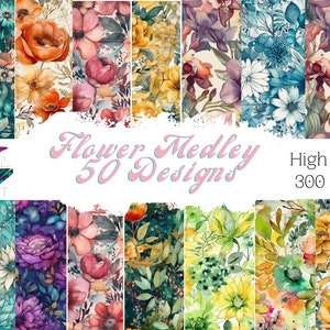 Mélange floral printanier, papier numérique, aquarelle, fonds de fleurs, 18 modèles, sublimation florale à usage commercial