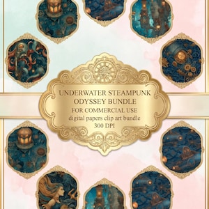 Printable Steampunk Underwater Digital Paper | Vintage Ocean Gear Backgrounds | Mechanical Sea Fantasy Design |Seamless Set | Commercial Use