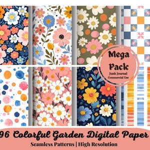 Op de afbeelding: Een digitaal papierpakket met 96 kleurrijke tuinpatronen. De patronen omvatten bloemmotieven, stippen, strepen en ruitjespatronen. Het pakket is gelabeld "Mega Pack Junk Journal Commercial Use".