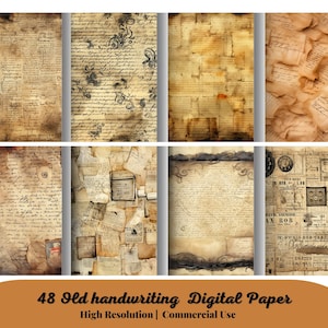 48 páginas de diário de caligrafia antiga, kit de papel para scrapbook digital, itens neutros para impressão manuscritos vintage, folha de colagem desgastada