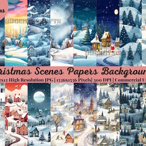 20 scènes de Noël papiers arrière-plans numériques, papiers carrés festifs, pages de journal boules Holly Robin Cartes de scrapbooking usage commercial JPG