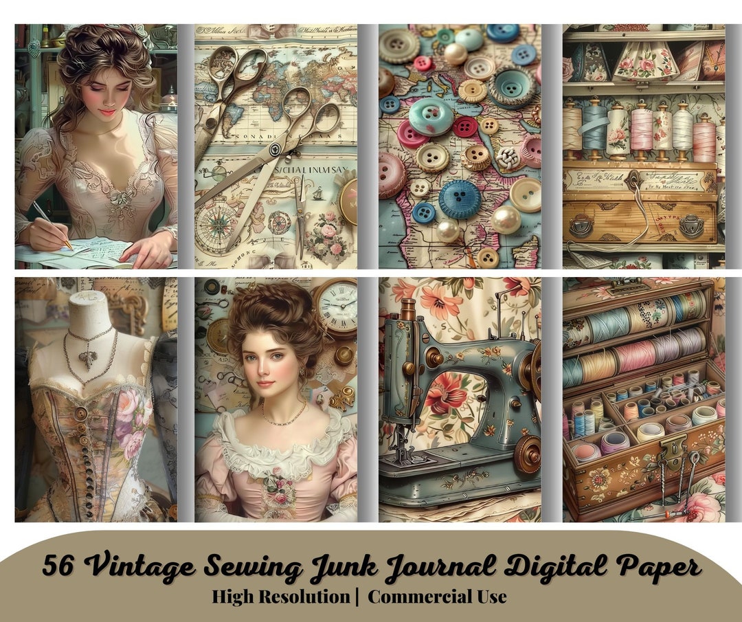 56 Vintage Sewing Junk Journal Pages, Digital Scrapbook Paper Kit ...