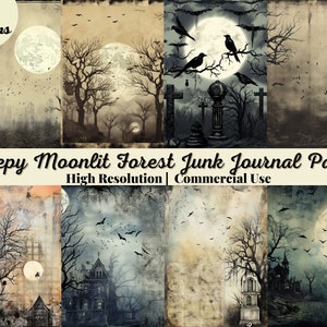 25 Creepy Moonlit Forest JunkJournal Pages Dark Fantasy Black Junk journal Kit Halloween Digi Kit Goth Digital Paper Collage Sheet Printable