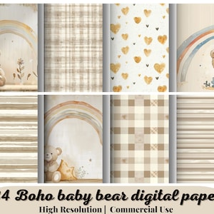 34 Confezione di carta digitale Boho baby bear, Album di ritagli di genere neutro, Motivo beige, Per bambino, Per bambina, Sfondo per cameretta, Download immediato
