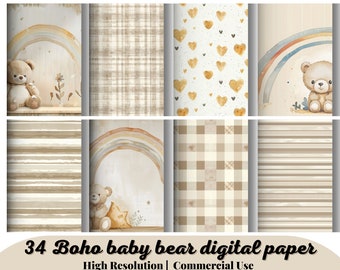 34 Boho baby bear digital paper pack, Gendre neutral Scrapbook album, Beige pattern, For boy, For girl, Nursery background, Instant download
