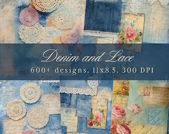 Denim Junk Journal Kit, Textile, Collage Sheets, Patchwork, Digital Paper Scrapbooking, Lace, Vintage Ephemera, Shabby Chic Printable Pages