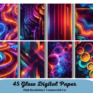 Op de afbeelding: Een set van 9 digitale papieren met abstracte ontwerpen in gloeiende neonkleuren. De ontwerpen omvatten draaiende lijnen, geometrische vormen en cirkels.