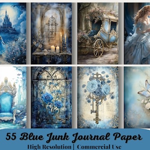 55 Big Bundle, Blue Junk Journal Paper, Download digitale, Acquerello, Tecnica mista, Arpa, Carrozza, Castello, Musica, Altri