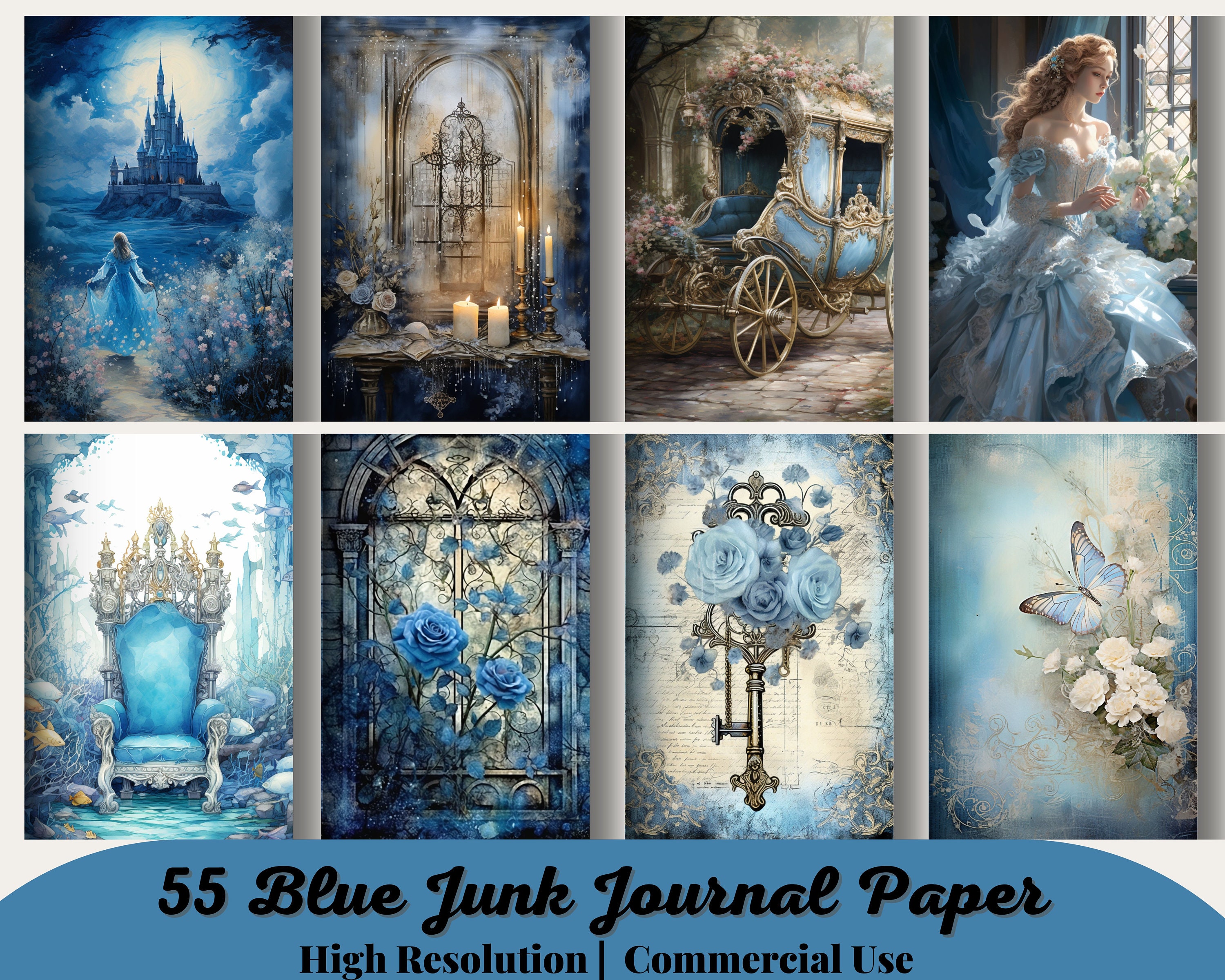 55 Big Bundle, Blue Junk Journal Paper, Digital Download, Watercolor, Mixed Media, Harp, Carriage, Castle, Music, Others