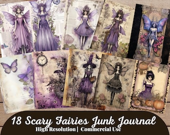 May include: A set of 18 digital papers featuring spooky fairies, witches, and other Halloween-themed imagery. The papers are in a vintage style with a distressed look and feature butterflies, flowers, and other decorative elements.  18 Scary Fairies Junk Journal High Resolution | Commercial Use