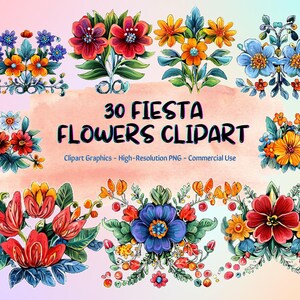 30 flores mexicanas, clipart de festa de festa, clipart floral vibrante em aquarela, gráficos exclusivos de festa floral Otomi Cinco de Mayo para uso comercial
