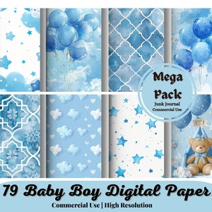 79 Baby Boy, Digitaal papier, Babyshower, Aquarel achtergronden, Plakboekpapier, Digitale download