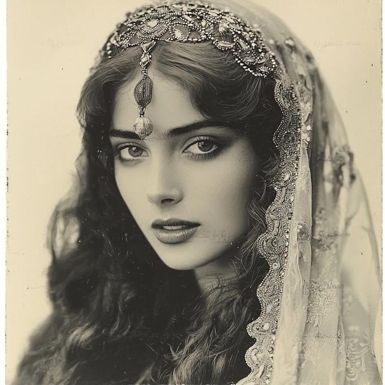 May include: A black and white portrait of a woman wearing a beaded headpiece and a sheer veil. The woman has long, dark hair and is looking directly at the camera.