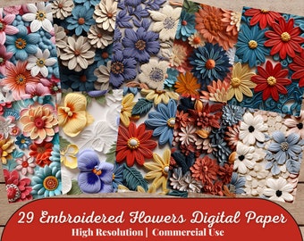 29 Embroidered Flowers Digital Paper | 3d Flower Pattern | Digital Download | Printable Paper | Floral Digital Paper | Commercial Use