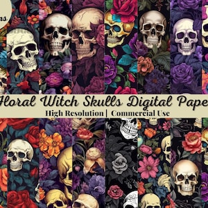 70 Floral Witch Skulls Digital Paper, seamless Gothic skull patterns with skeletons, flowers for printable instant download, commercial use