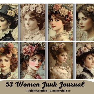 53 Victoriaanse vrouwen Junk Journal Kit, ouderwetse damesportretten, jaren 1900 retro meisjes afdrukbare Ephemera Pack, vintage Digi-collagepagina's