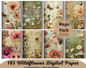 Peut inclure: Un pack de papier numérique avec 183 images de fleurs sauvages, de textures vintage et de texte manuscrit. Le pack est destiné au journalisation de rebuts et à un usage commercial.