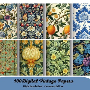 100 carte vintage digitali, confezione Bumper William Morris, fogli collage digitali, A4, carta stampabile, carta shabby chic, carta di sfondo