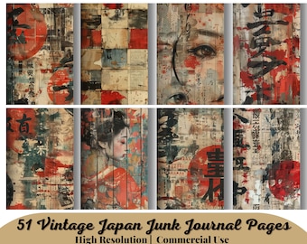 51 Vintage Japan Junk Journal Pages, Digital Scrapbook Paper , Japanese Ephemera, Printable Collage Sheet, Asian Background, Oriental Prints