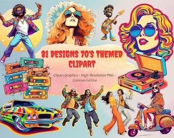 Op de afbeelding: Een set van 81 digitale clipart-afbeeldingen met een thema uit de jaren 70. De afbeeldingen omvatten een retro-auto, een platenspeler, een cassettebandje, een vrouw met lang blond haar die een zonnebril draagt, een man met lang haar en een snor die een tie-dye shirt draagt, en een man met een baard die gitaar speelt. De tekst "81 DESIGNS 70'S THEMED CLIPART" staat in het midden van de afbeelding.