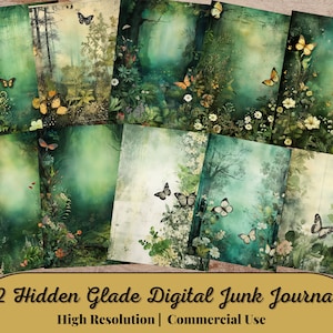 32 Hidden Glade fond de journal numérique indésirable, collage forêt féerique imprimable, journal numérique indésirable, papier journal nature, fond de forêt