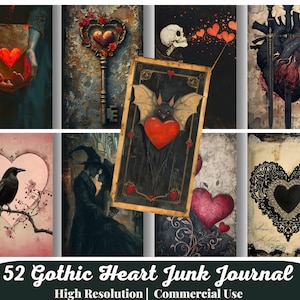 52 Gothic Herz Junk Journal, Printable Kit, Dark Academia, digitaler Download, viktorianische Romantik, Scrapbookpapier, Bullet Journal zum Valentinstag