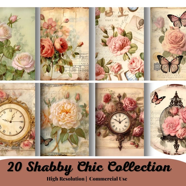 20 SHABBY CHIC COLLECTION Beautiful Background Pages Themed Digital Print Floral Pink Journaling Cards Junk Journal Printable Pink (Set-1)