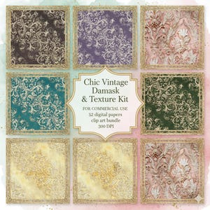 May include: A collection of nine digital papers with ornate damask patterns in various colors, including teal, purple, and gold, each framed in gold. The text reads "Chic Vintage Damask & Texture Kit".