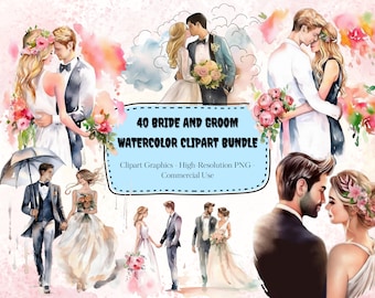 40 Bride and Groom Watercolor Clipart Bundle, Wedding Clipart, Wedding Clipart Bride and Groom Digital Download Commercial Use PNG