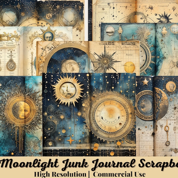 23 Moonlight Junk Journal Digital Kit Printable, Moon and Sun Celestial Collage Sheet, Junk Journal Paper, Instant Download, High Quality