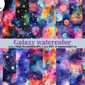 Papel digital de acuarela Galaxy 89, patrón SIN COSTURAS, fondo de polvo de estrellas, textura del universo, fondo cósmico, estrellas del cielo nocturno, patrón espacial