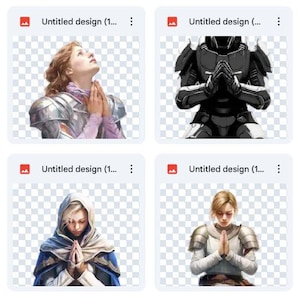 May include: A collection of digital illustrations featuring people in various poses, wearing armor and holding swords. The illustrations are in a fantasy style and have a dark, moody color palette.