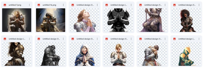 May include: A collection of digital illustrations featuring people in various poses, wearing armor and holding swords. The illustrations are in a fantasy style and have a dark, moody color palette.