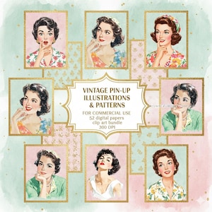 May include: A digital art bundle featuring vintage pin-up illustrations and patterns. The artwork showcases retro-style portraits of women in various poses, framed in gold, set against a pastel background with floral and geometric designs. The text reads "VINTAGE PIN-UP ILLUSTRATIONS & PATTERNS".